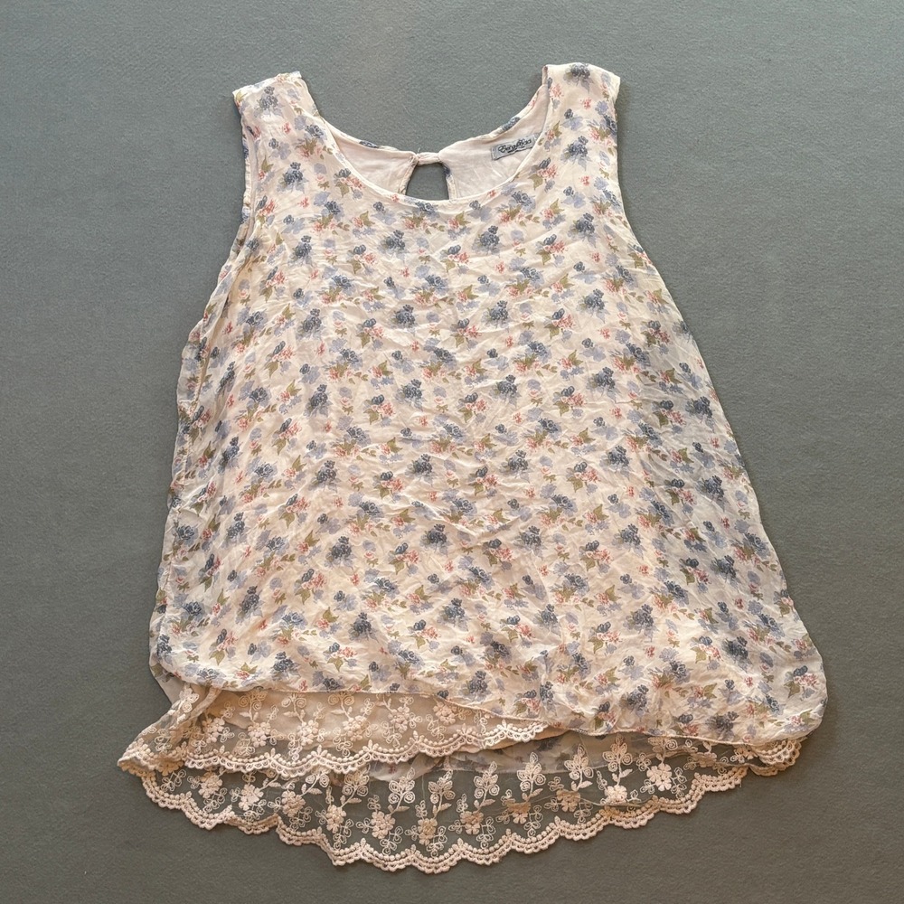 Elena Baldi Floral Lace Hem Sleeveless Blouse Made in Italy L Fairy Cottagecore